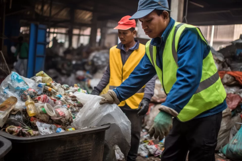 Two sanitation workers wearing yellow and green vests workin in trash dump in developing country.